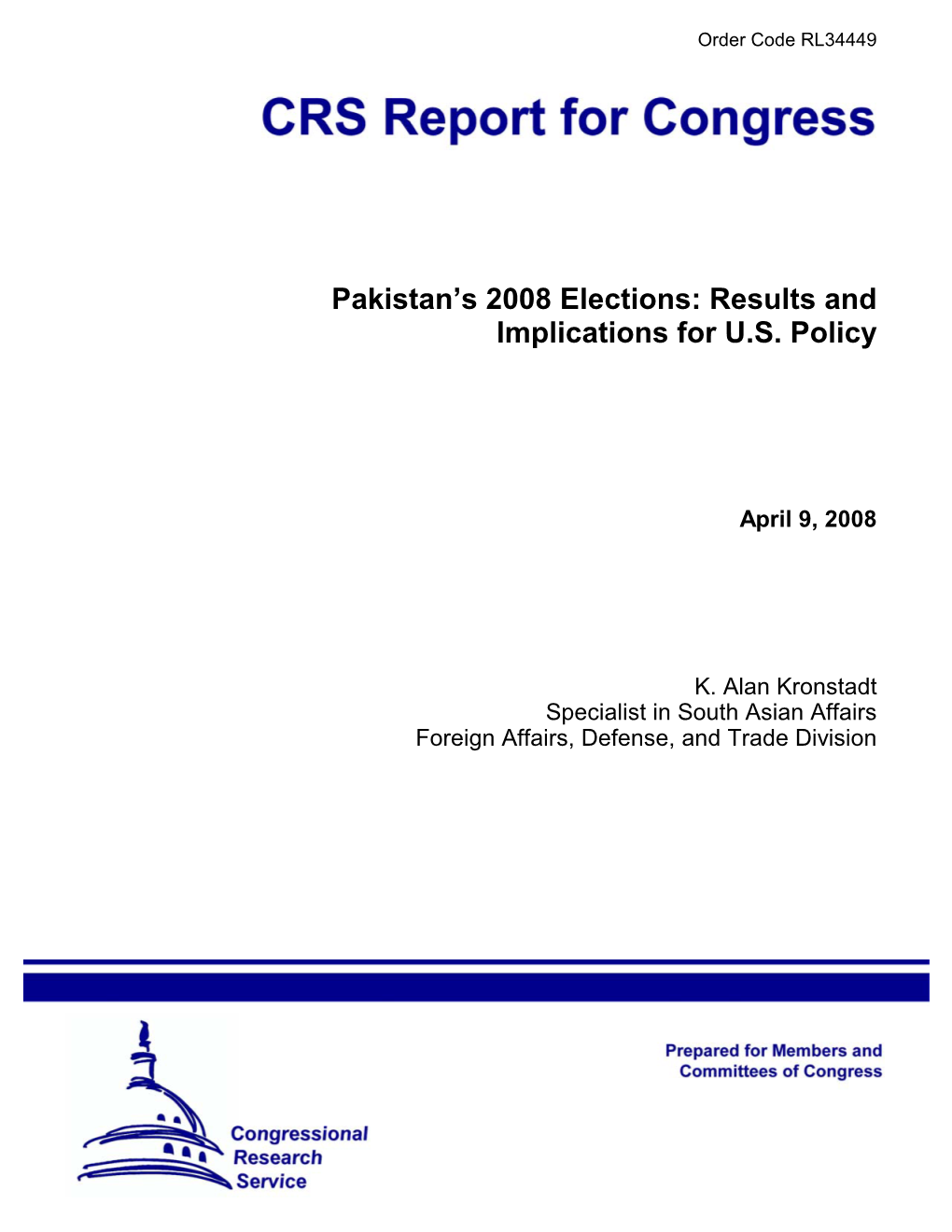 Pakistan's 2008 Elections: Results and Implications for U.S. Policy