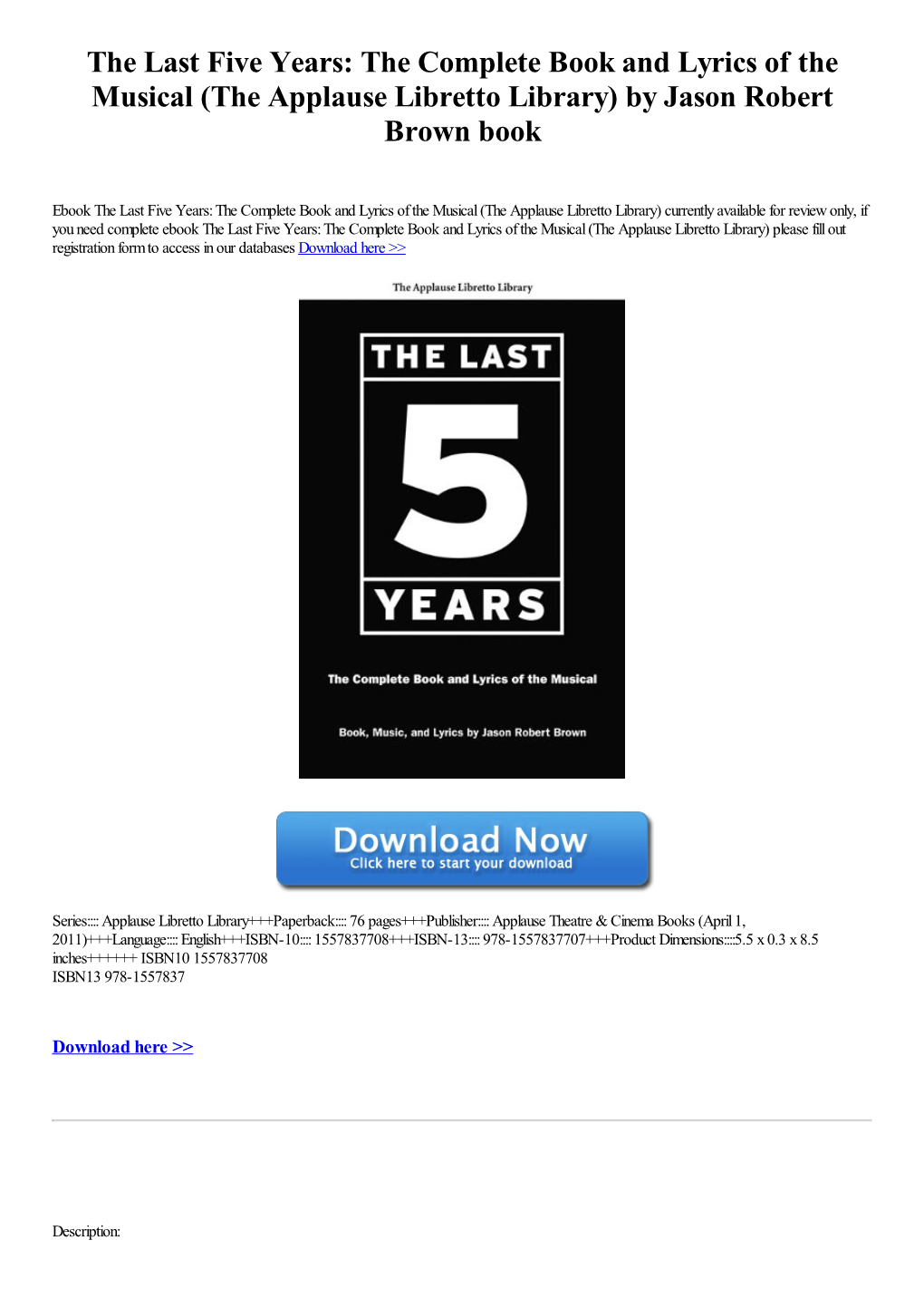 The Last Five Years: the Complete Book and Lyrics of the Musical (The Applause Libretto Library) by Jason Robert Brown Book