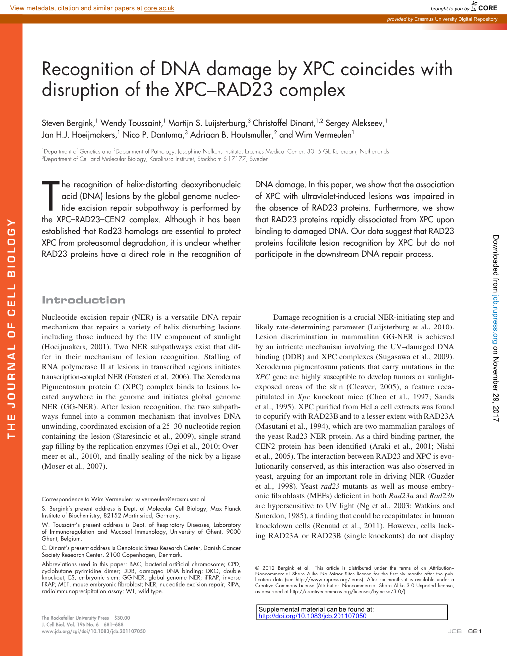 Recognition of DNA Damage by XPC Coincides with Disruption of the XPC–RAD23 Complex