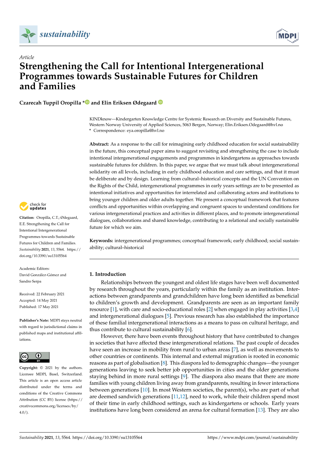Strengthening the Call for Intentional Intergenerational Programmes Towards Sustainable Futures for Children and Families