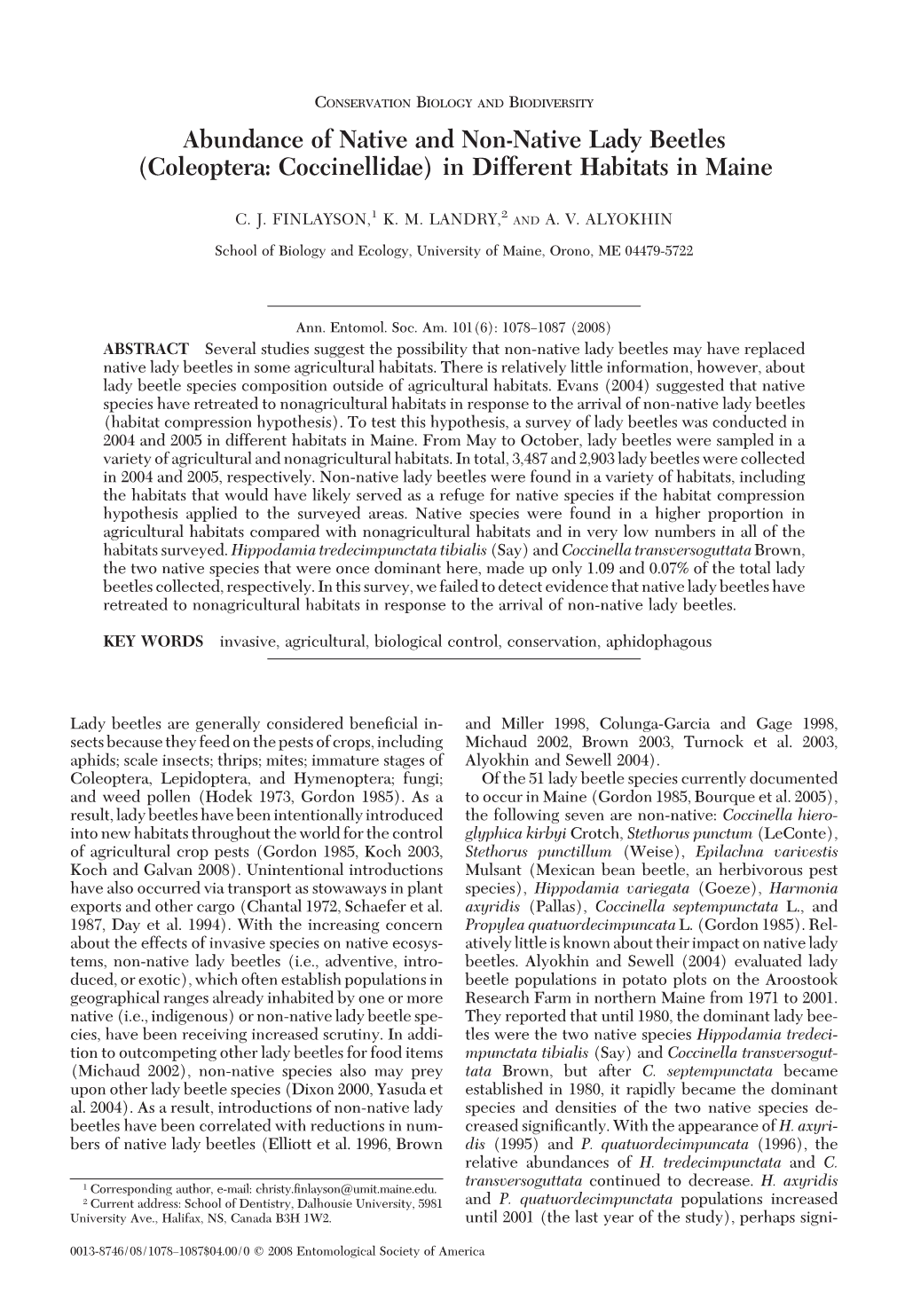 Abundance of Native and Non-Native Lady Beetles (Coleoptera: Coccinellidae) in Different Habitats in Maine