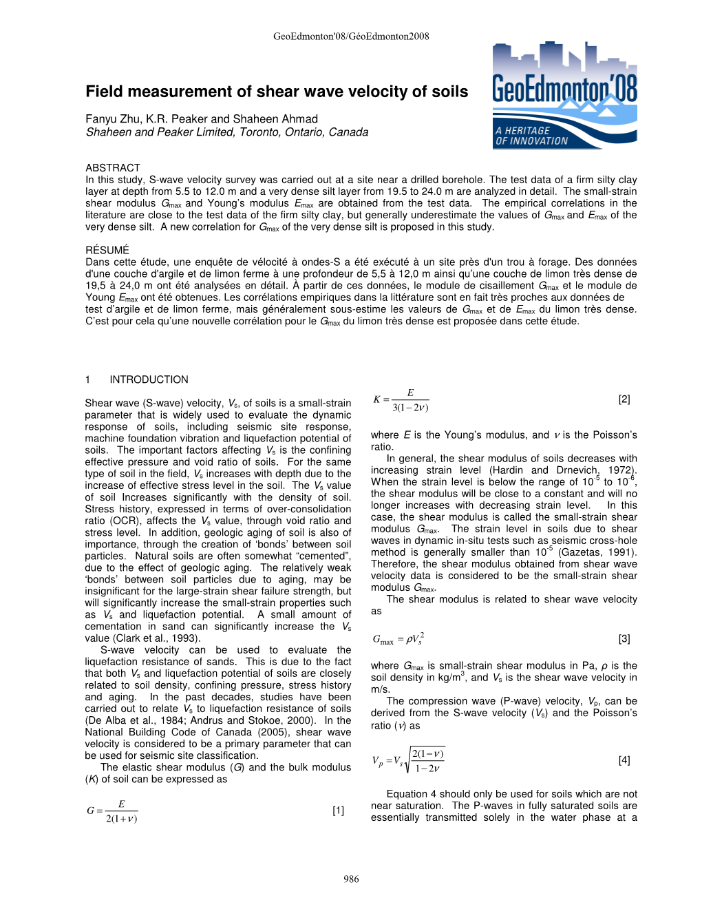 Field Measurement of Shear Wave Velocity of Soils