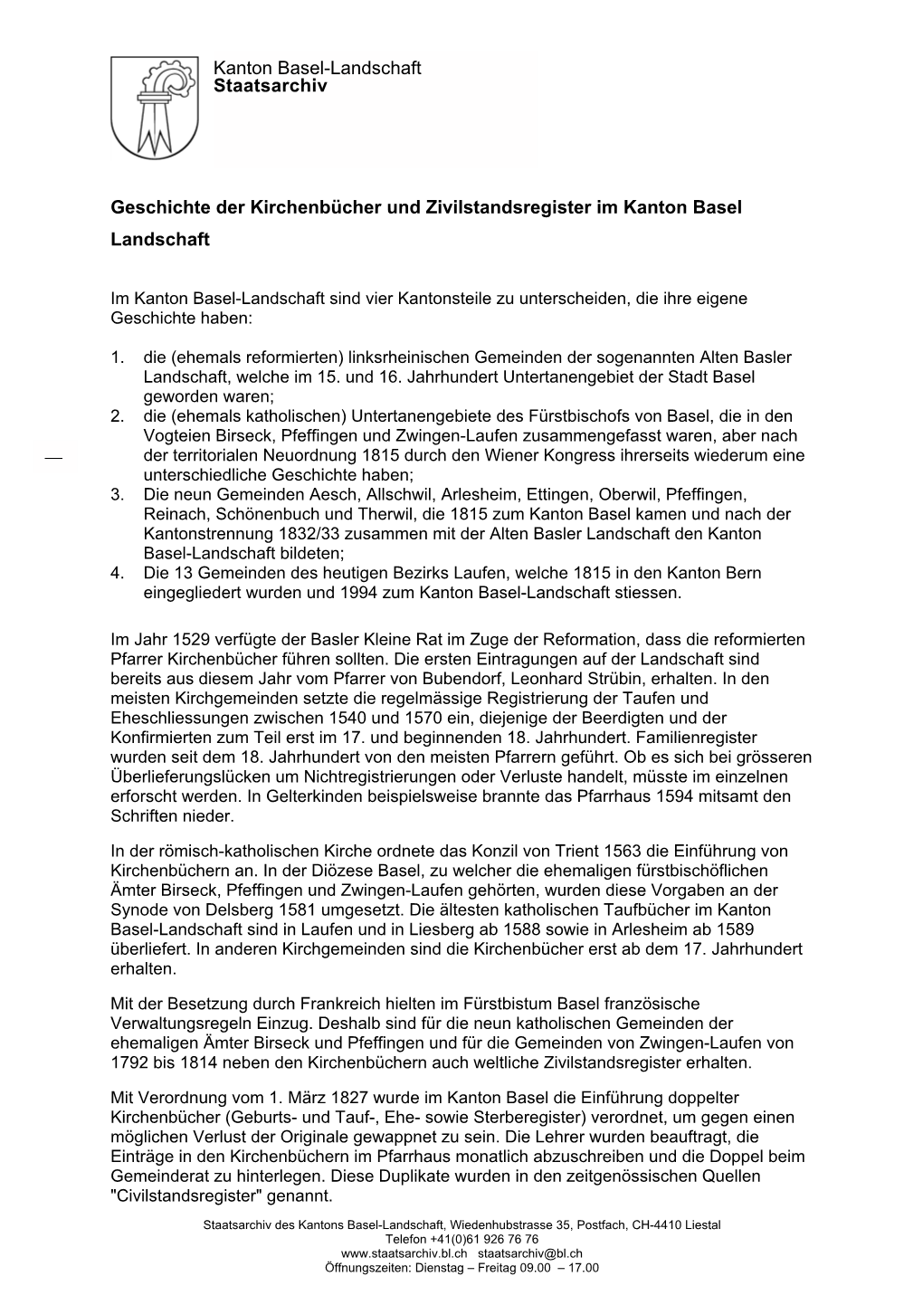 Kanton Basel-Landschaft Staatsarchiv Geschichte Der Kirchenbücher Und Zivilstandsregister Im Kanton Basel Landschaft