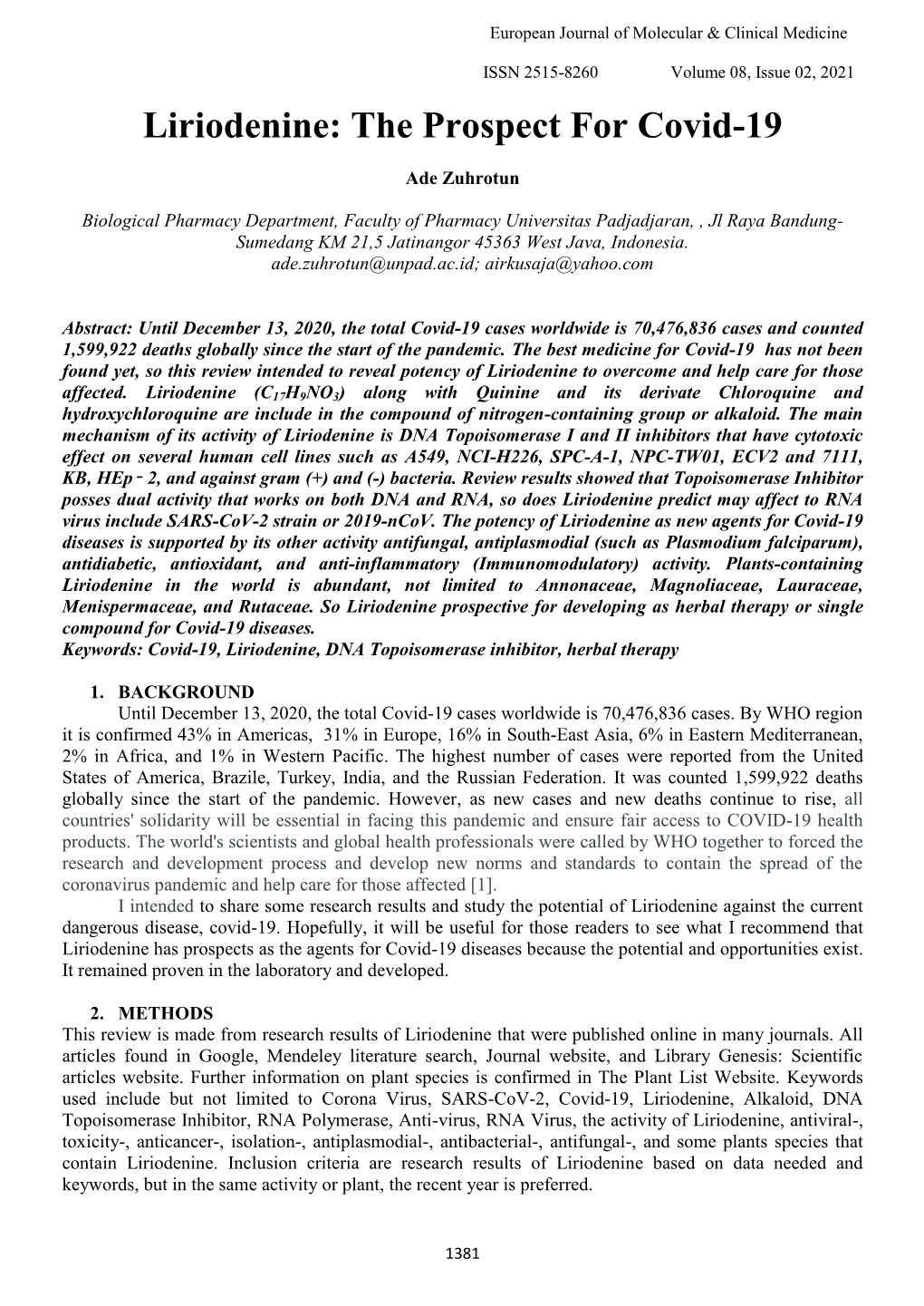 Liriodenine: the Prospect for Covid-19