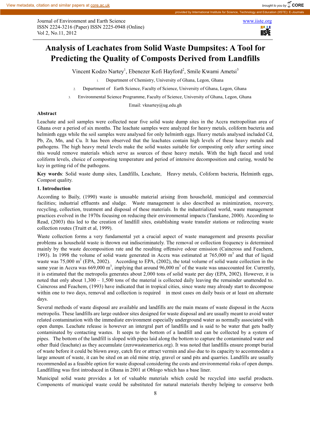 Analysis of Leachates from Solid Waste Dumpsites: a Tool for Predicting the Quality of Composts Derived from Landfills