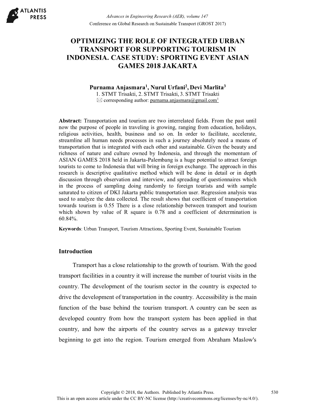 Optimizing the Role of Integrated Urban Transport for Supporting Tourism in Indonesia