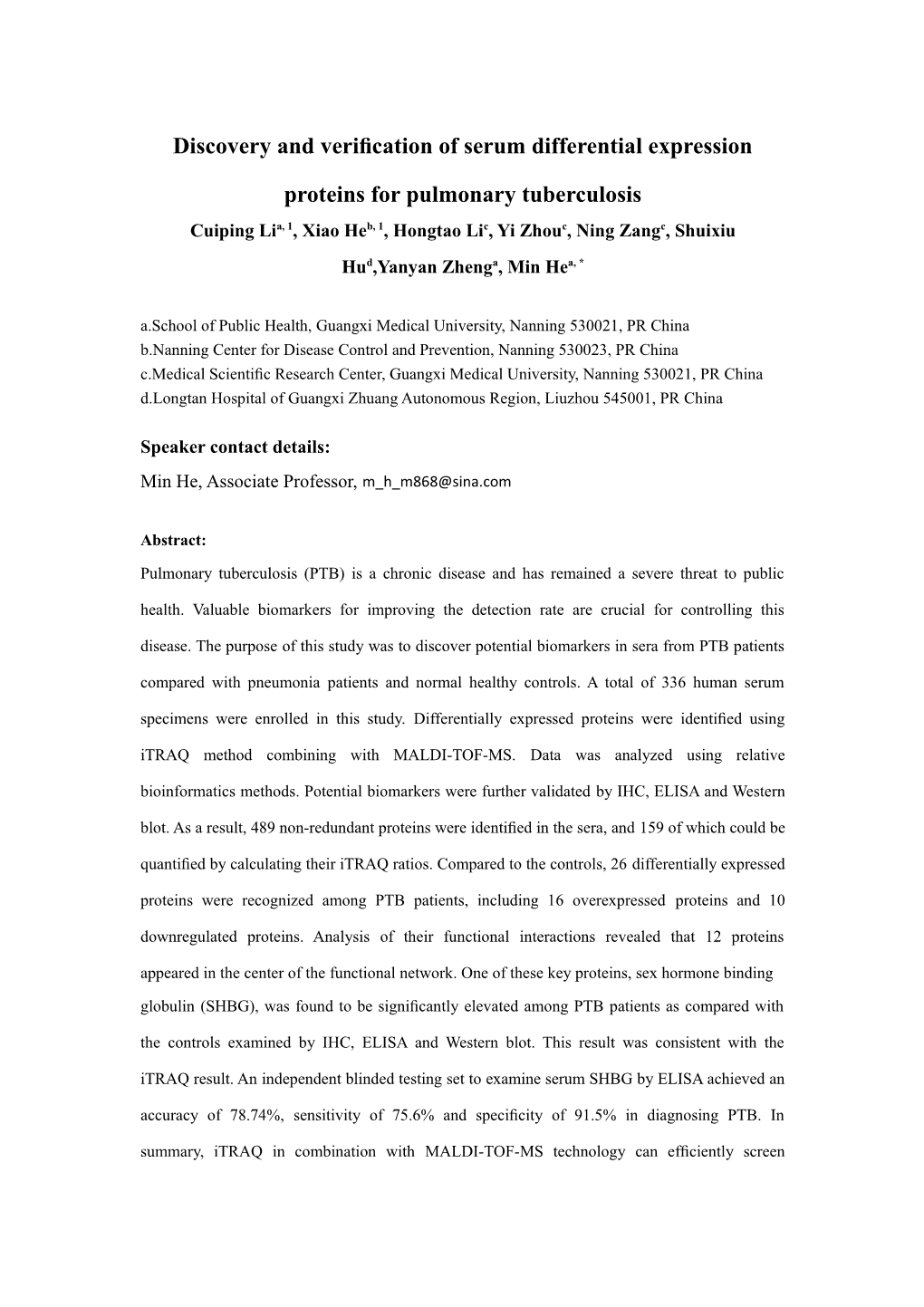 Discovery and Veriﬁcation of Serum Differential Expression Proteins for Pulmonary Tuberculosis