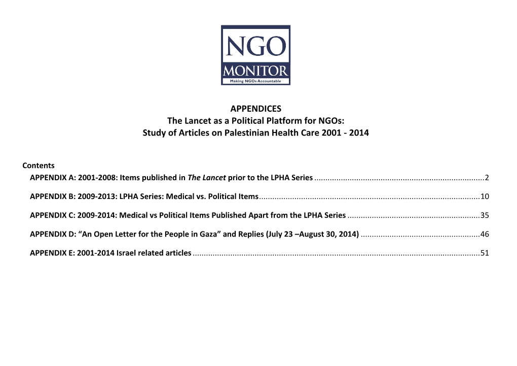 APPENDICES the Lancet As a Political Platform for Ngos: Study of Articles on Palestinian Health Care 2001 - 2014