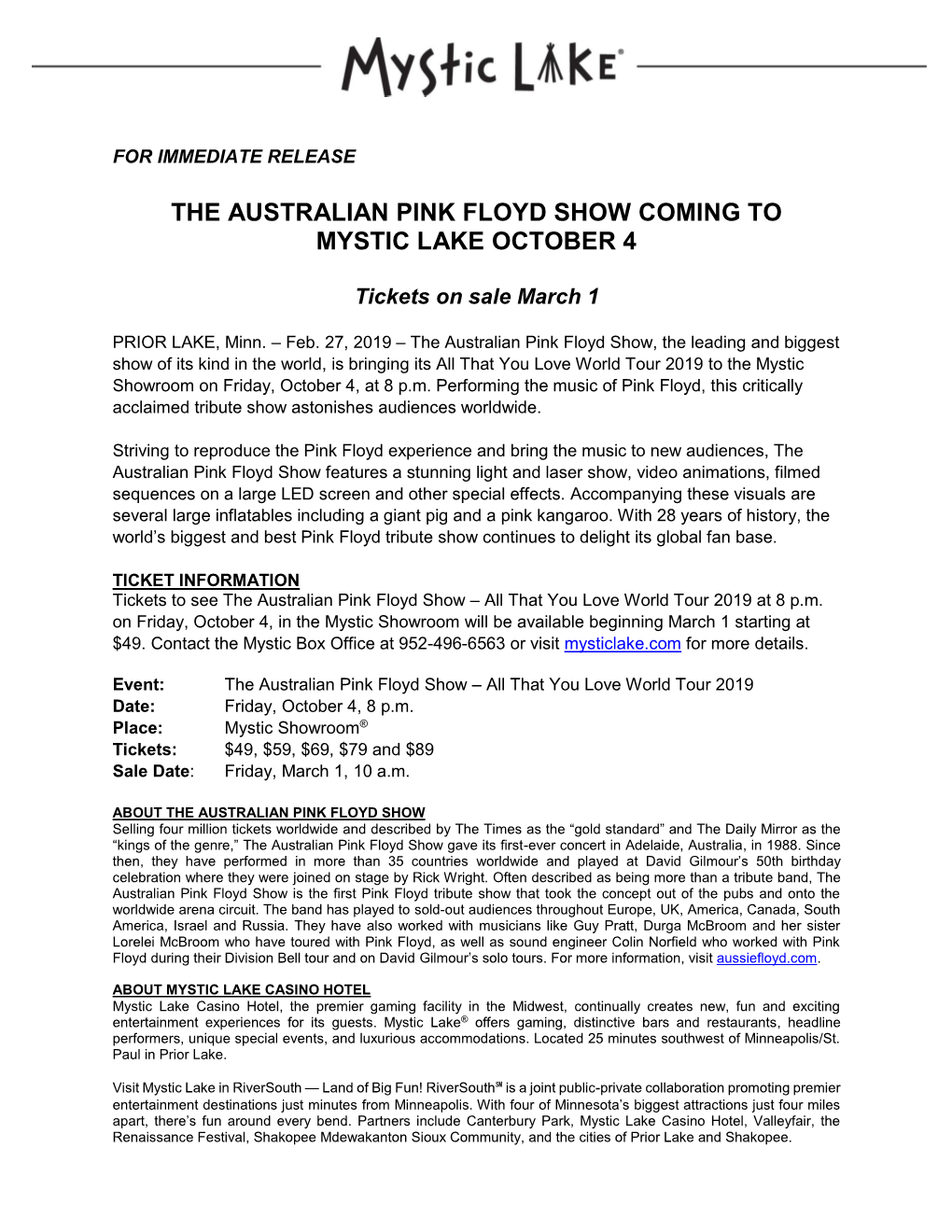 The Australian Pink Floyd Show Coming to Mystic Lake October 4