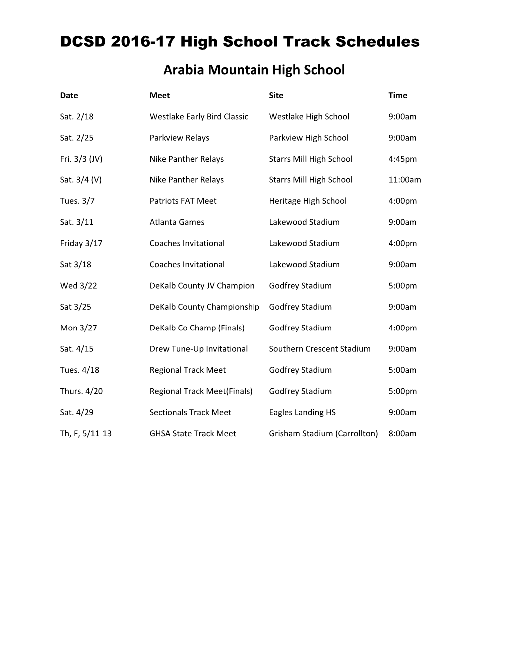 DCSD 2016-17 High School Track Schedules Arabia Mountain High School