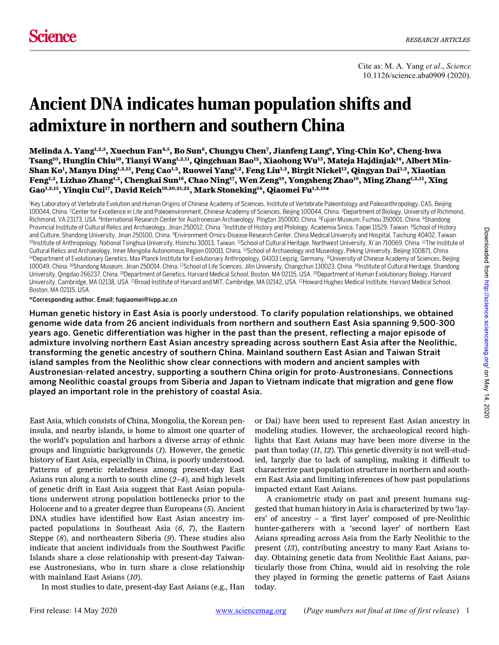 Ancient DNA Indicates Human Population Shifts and Admixture in Northern and Southern China