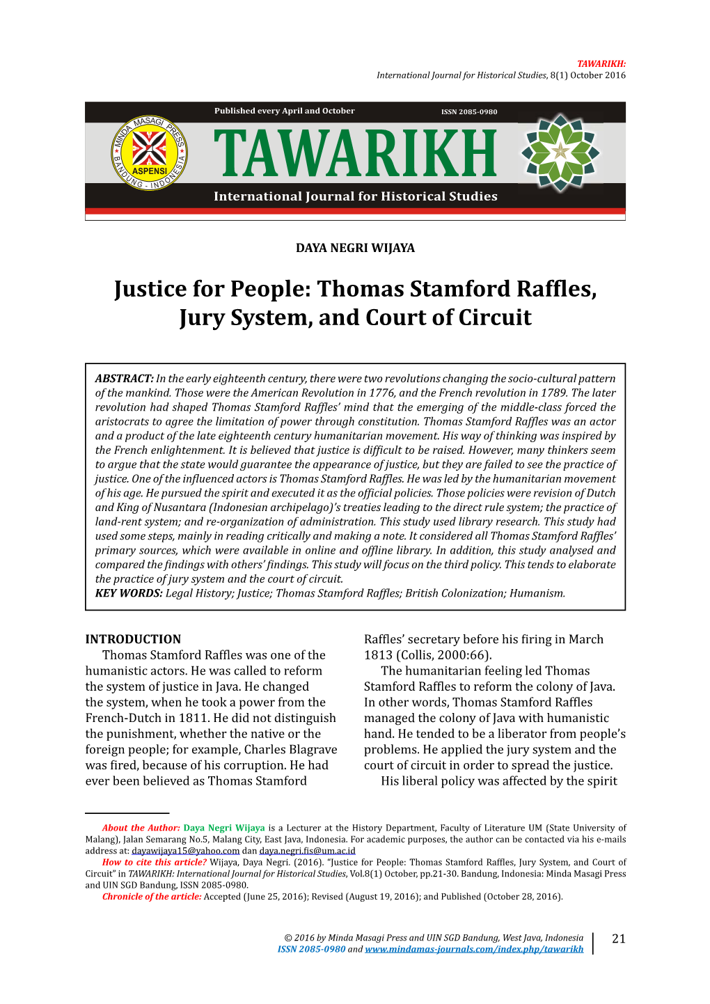 Justice for People: Thomas Stamford Rafϐles, Jury System, and Court of Circuit