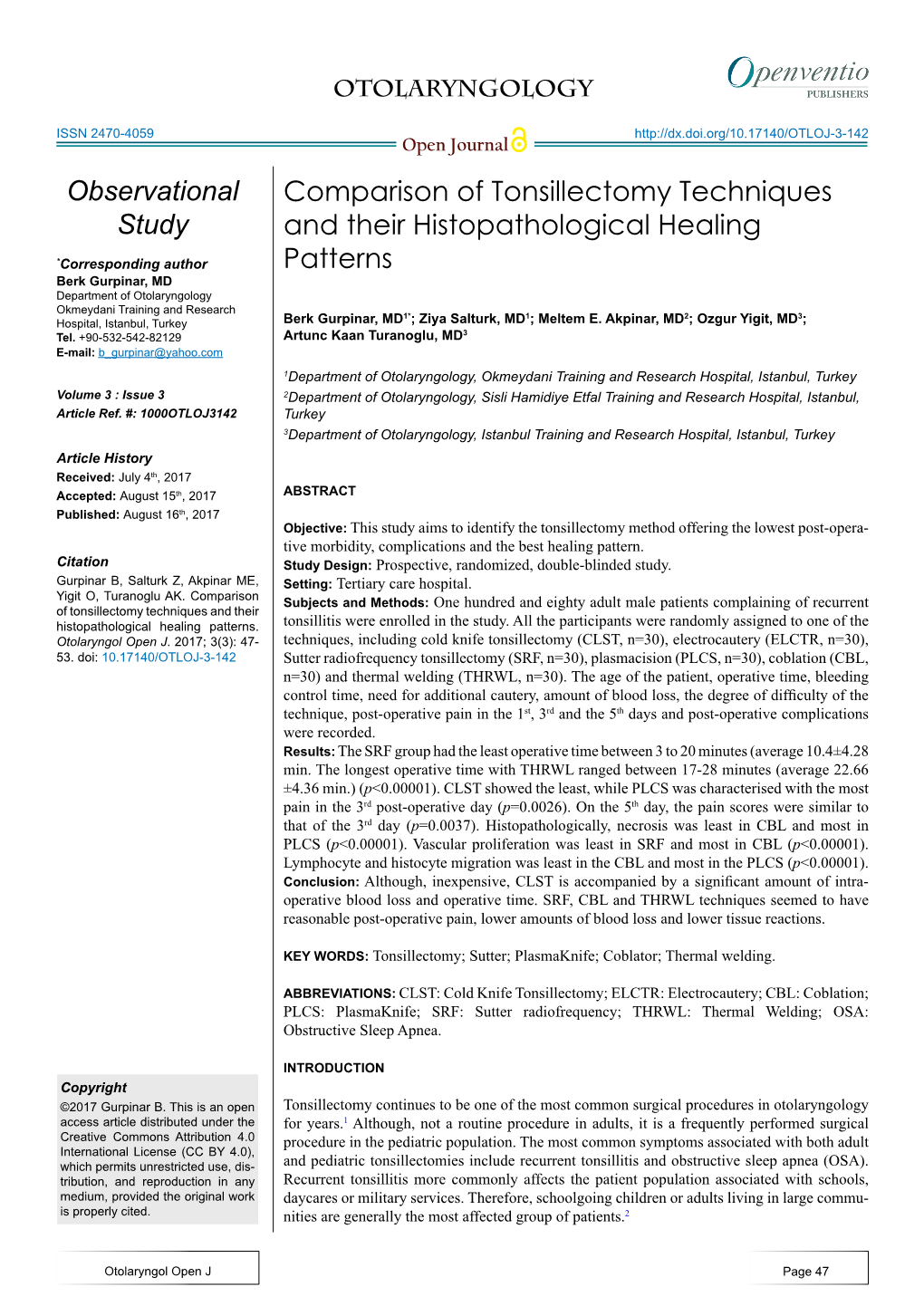 Comparison of Tonsillectomy Techniques and Their