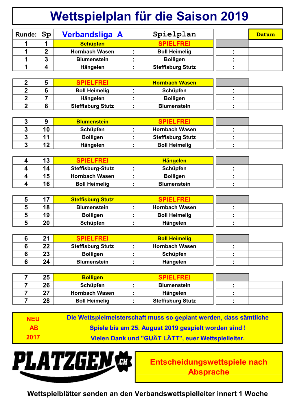 Wettspielplan Für Die Saison 2019