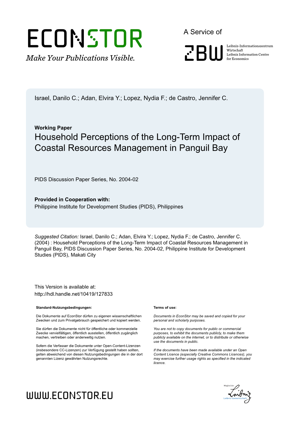 Household Perceptions of the Long-Term Impact of Coastal Resources Management in Panguil Bay