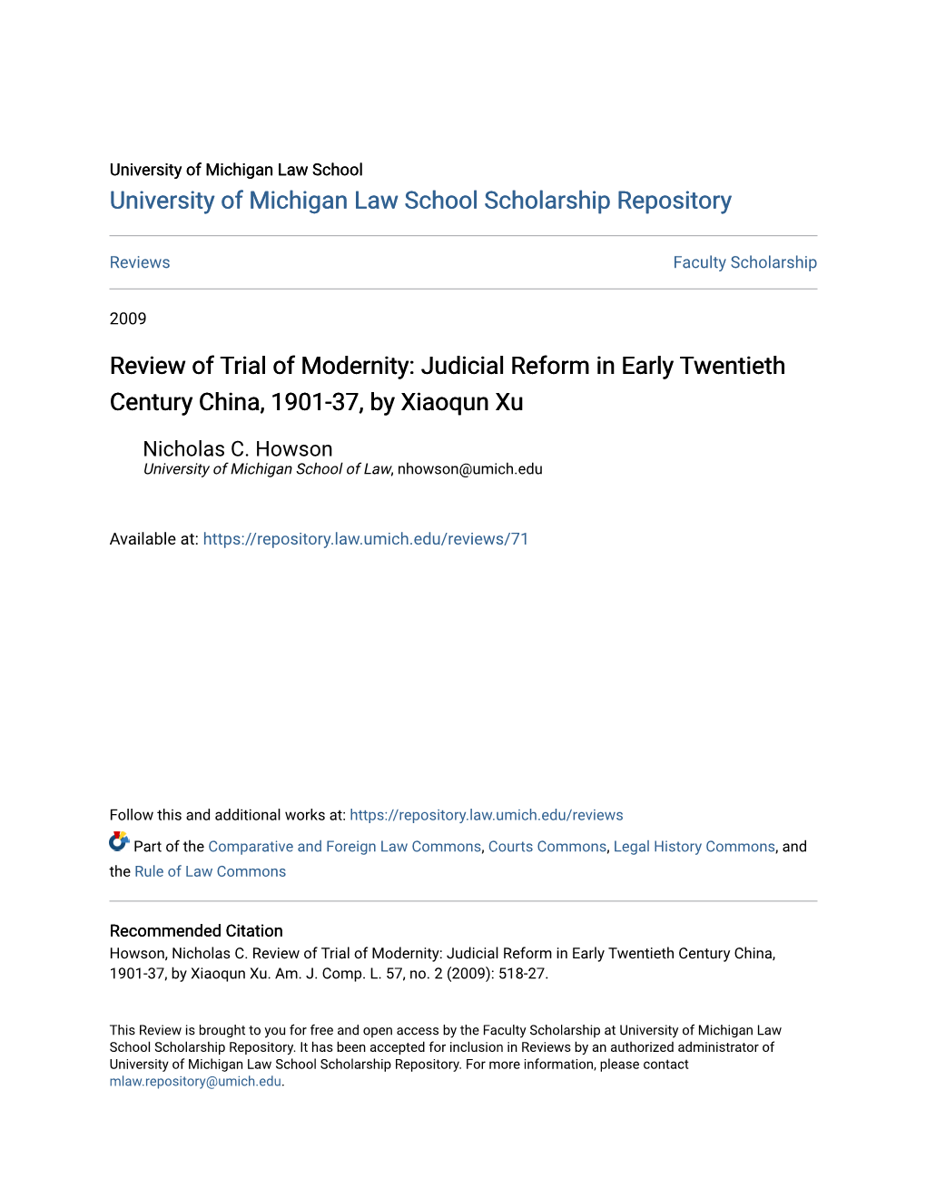 Review of Trial of Modernity: Judicial Reform in Early Twentieth Century China, 1901-37, by Xiaoqun Xu