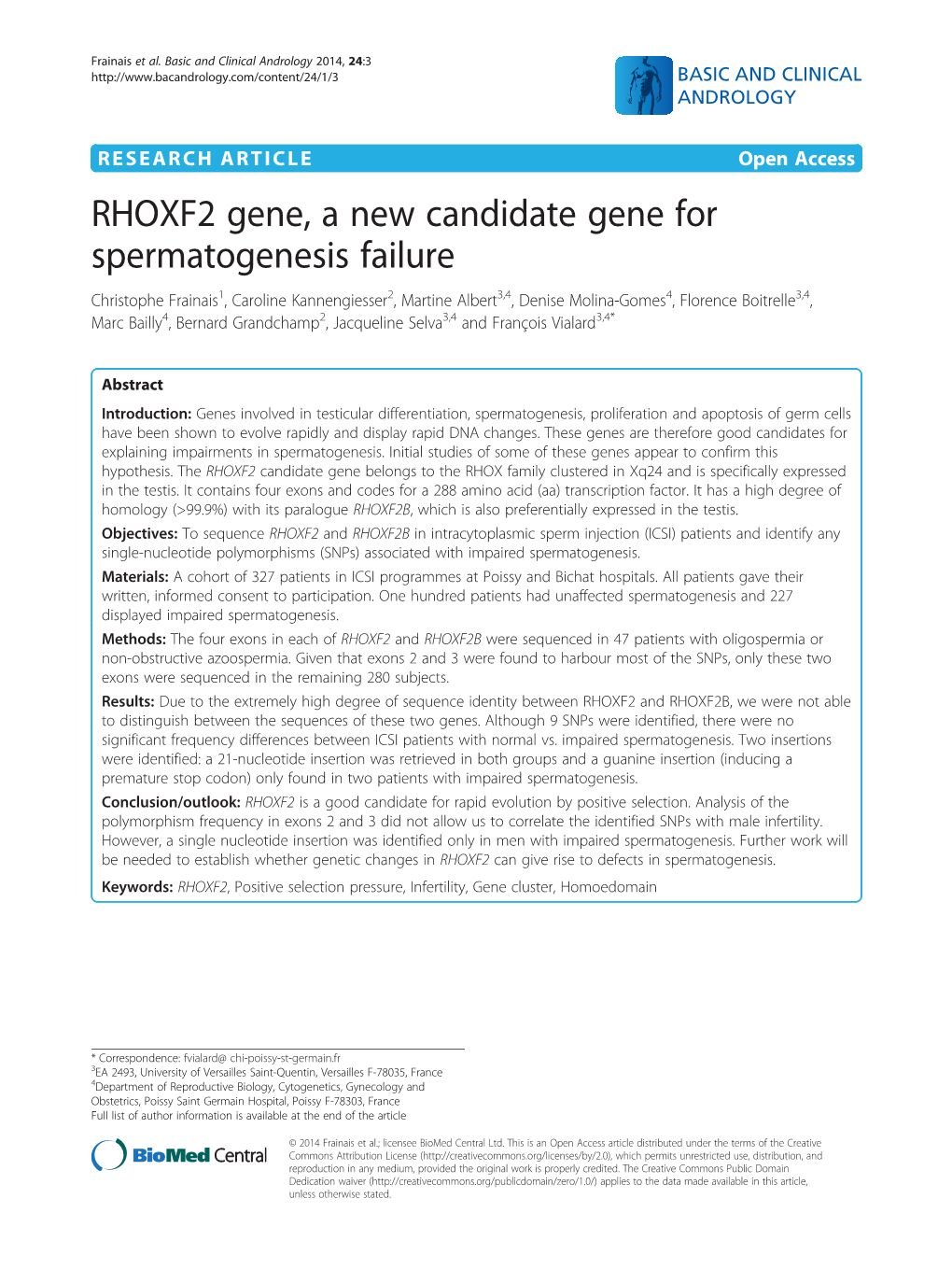 RHOXF2 Gene, a New Candidate Gene for Spermatogenesis Failure