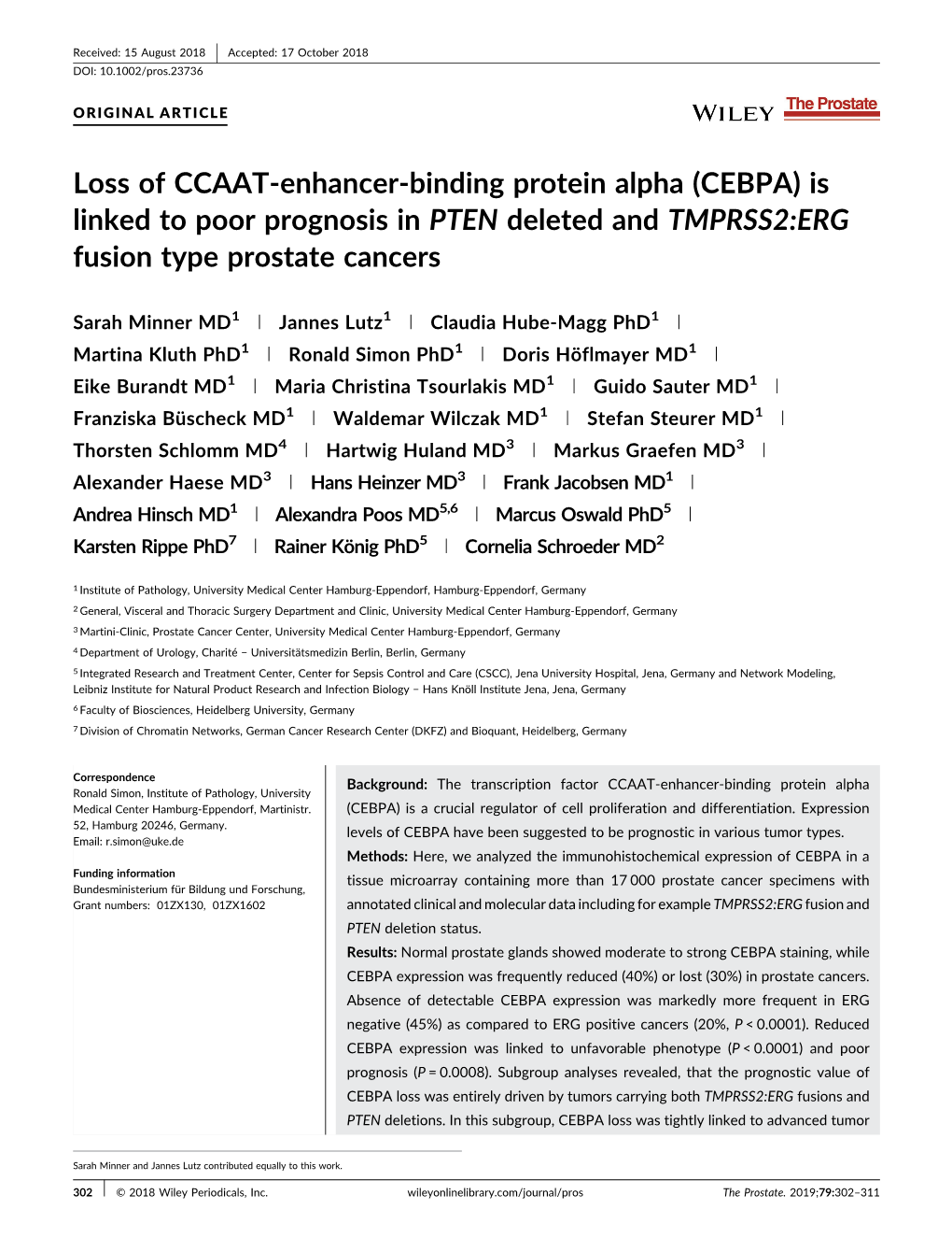 Loss of CCAAT-Enhancer-Binding Protein Alpha (CEBPA) Is Linked to Poor Prognosis in PTEN Deleted and TMPRSS2:ERG Fusion Type Prostate Cancers