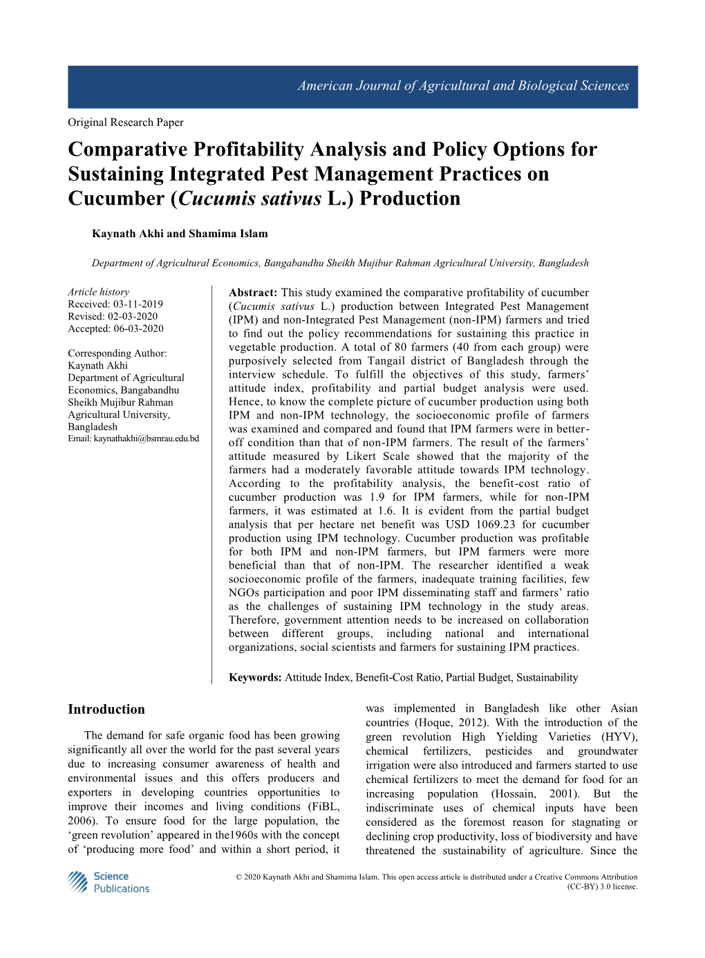 Comparative Profitability Analysis and Policy Options for Sustaining Integrated Pest Management Practices on Cucumber (Cucumis Sativus L.) Production