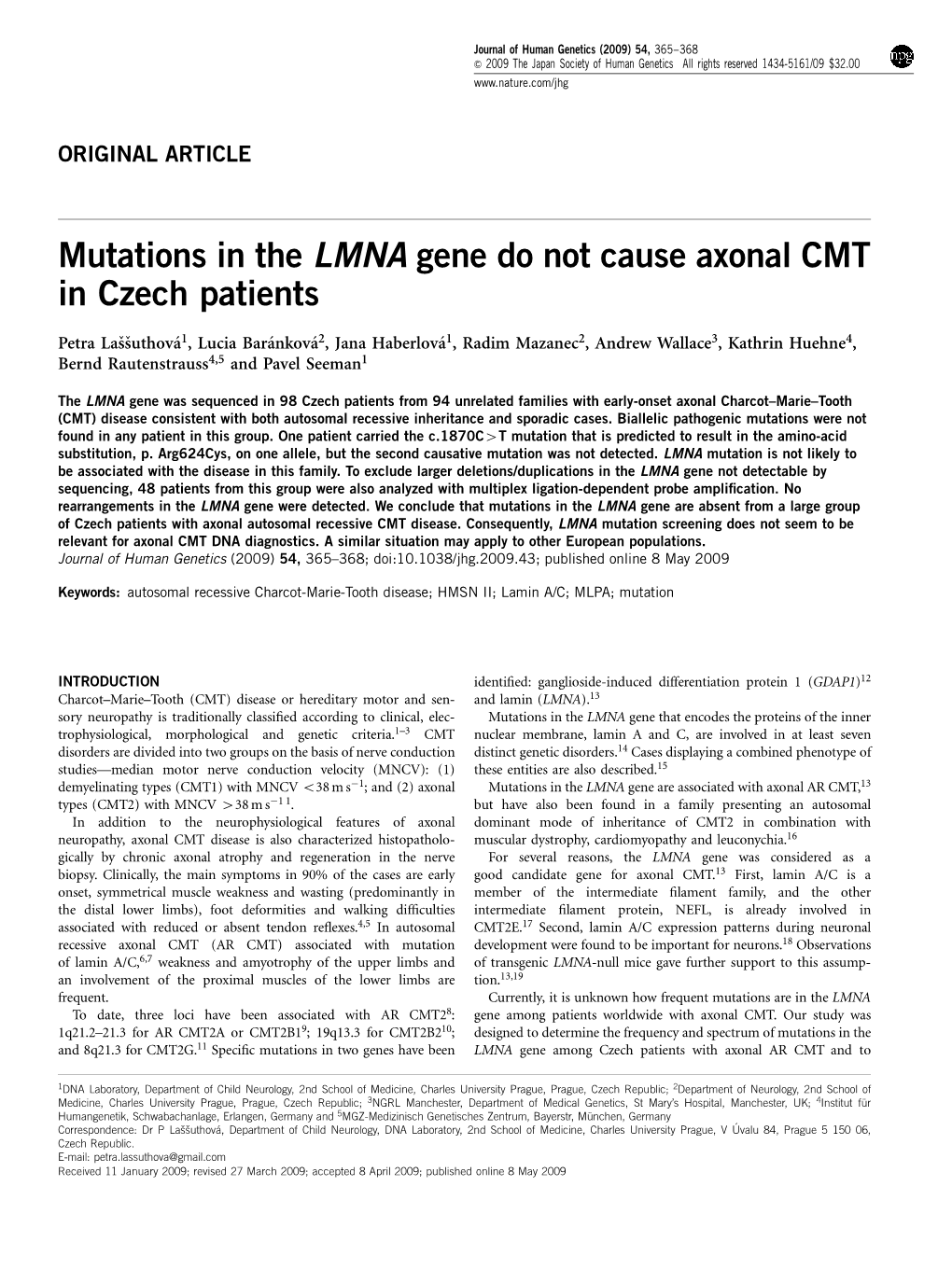 Mutations in the LMNA Gene Do Not Cause Axonal CMT in Czech Patients