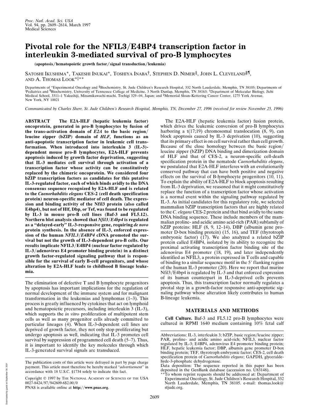 Pivotal Role for the NFIL3/E4BP4 Transcription Factor in Interleukin 3