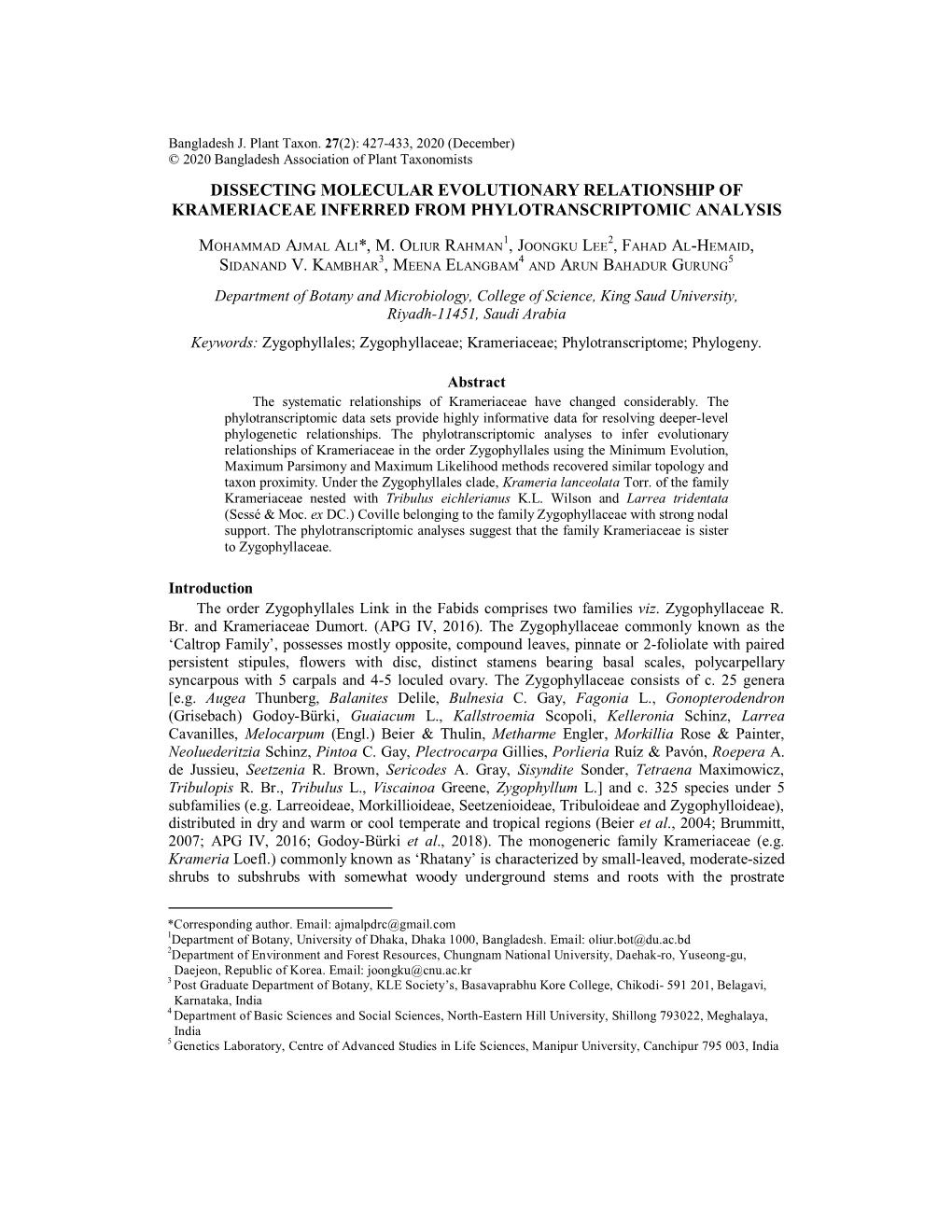 Dissecting Molecular Evolutionary Relationship of Krameriaceae Inferred from Phylotranscriptomic Analysis