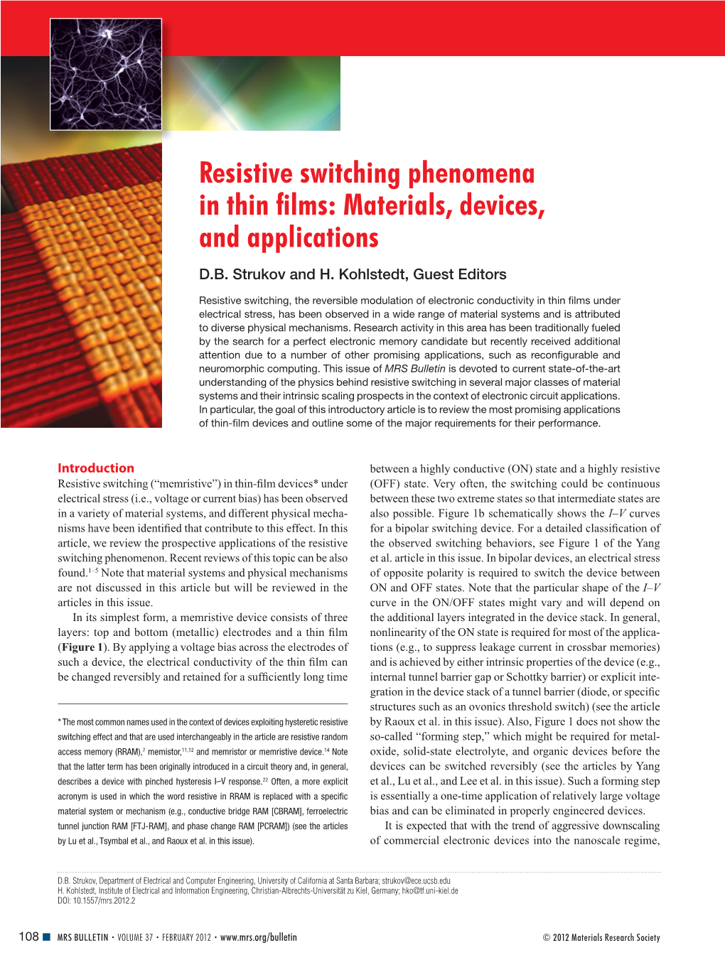 Resistive Switching Phenomena in Thin Films: Materials, Devices, and Applications