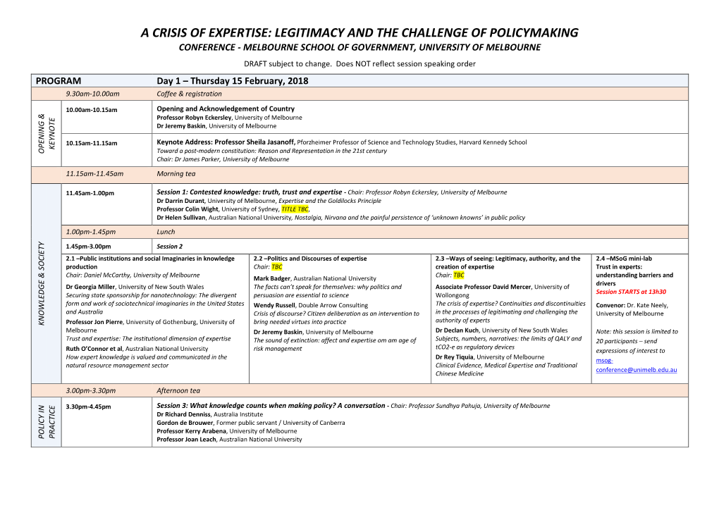 A CRISIS of EXPERTISE: LEGITIMACY and the CHALLENGE of POLICYMAKING CONFERENCE - MELBOURNE SCHOOL of GOVERNMENT, UNIVERSITY of MELBOURNE DRAFT Subject to Change