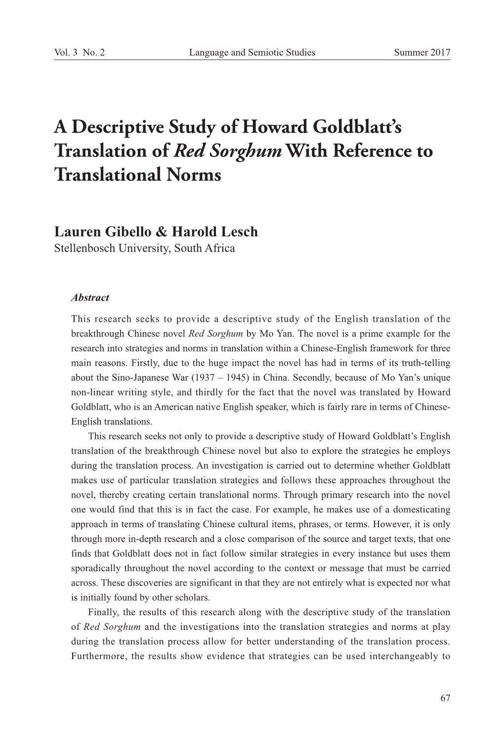 A Descriptive Study of Howard Goldblatt's Translation of Red