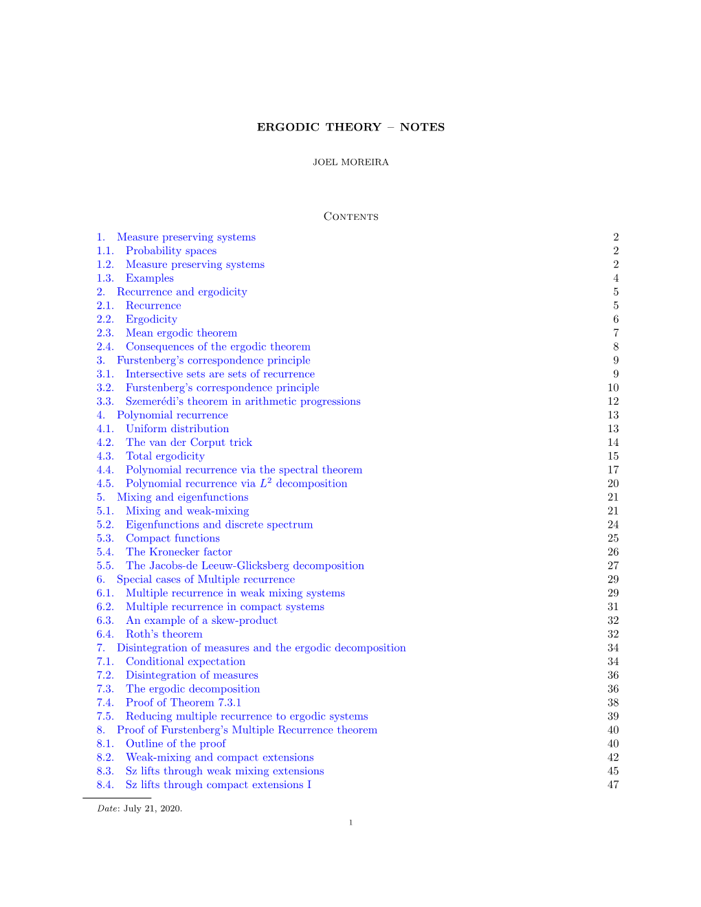 ERGODIC THEORY – NOTES Contents 1. Measure Preserving