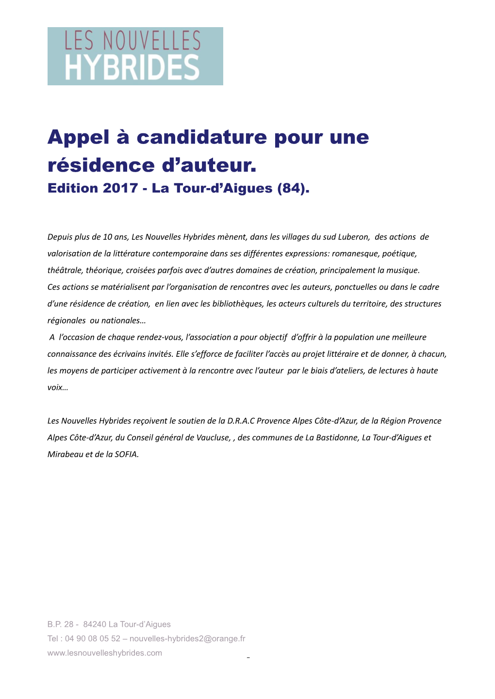 Appel À Projet Pour Une Résidence D'auteur