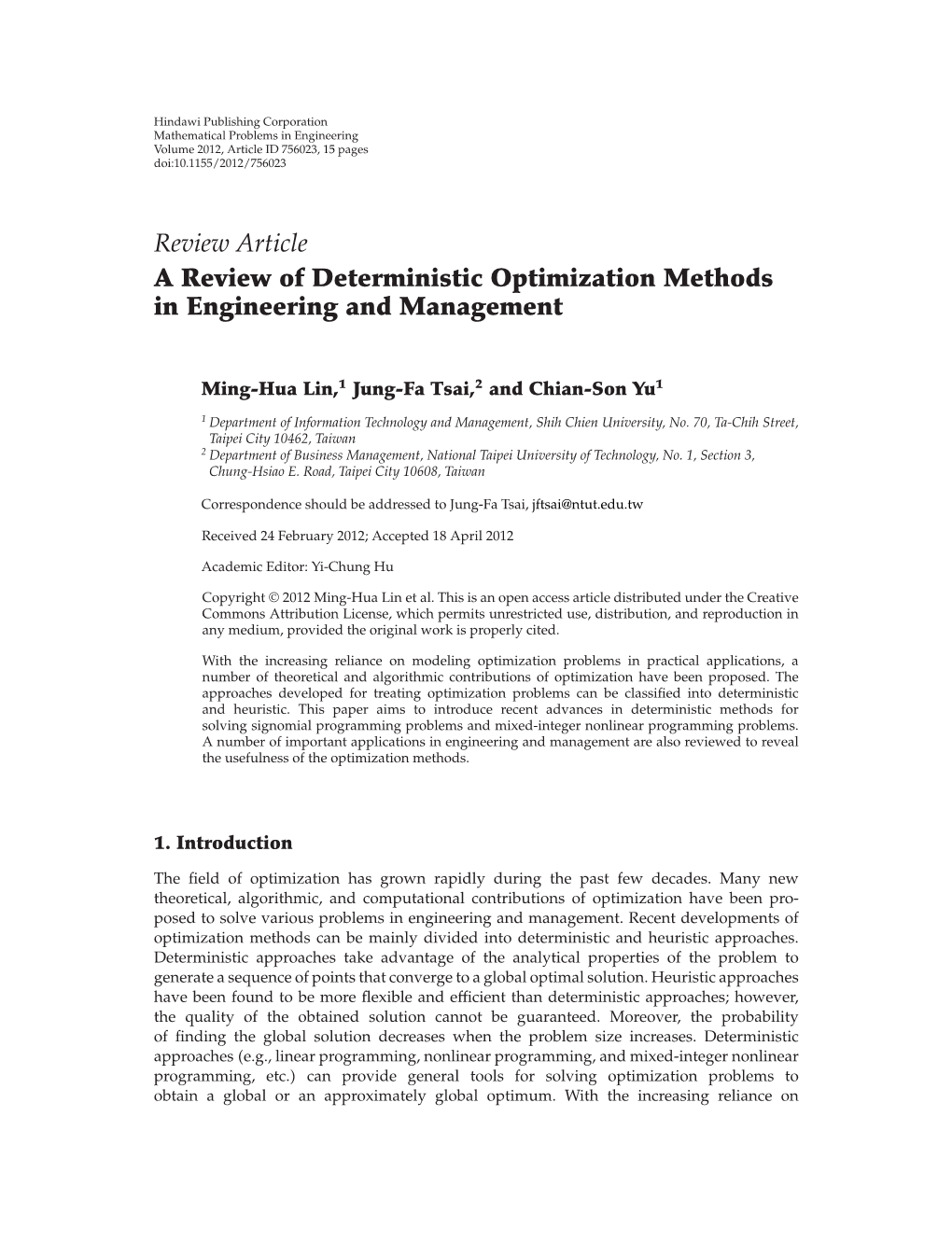 Review Article a Review of Deterministic Optimization Methods in Engineering and Management