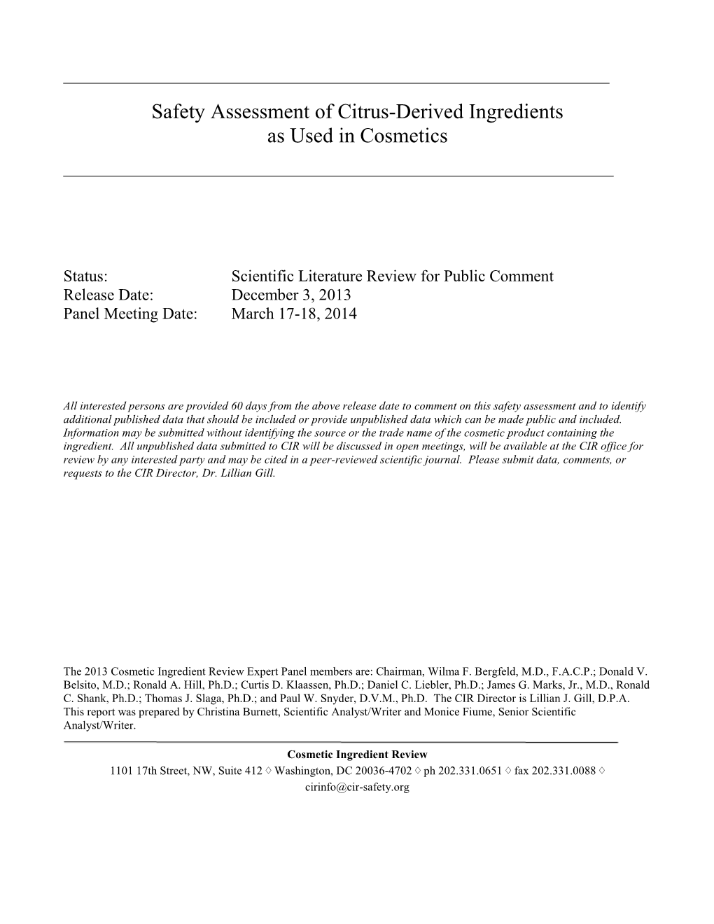 Safety Assessment of Citrus-Derived Ingredients As Used in Cosmetics