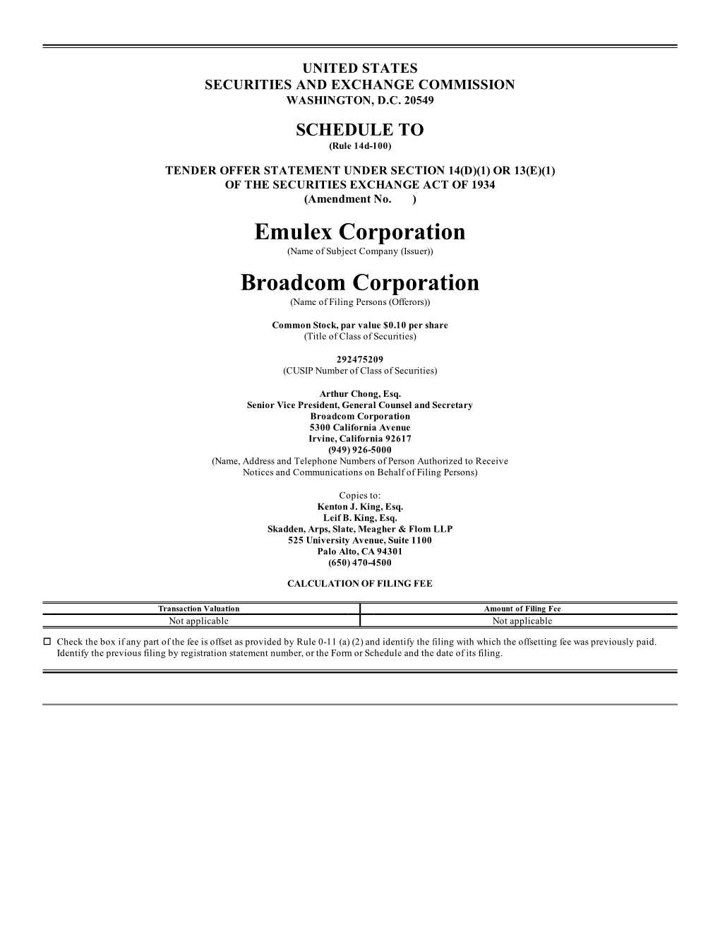 Emulex Corporation Broadcom Corporation