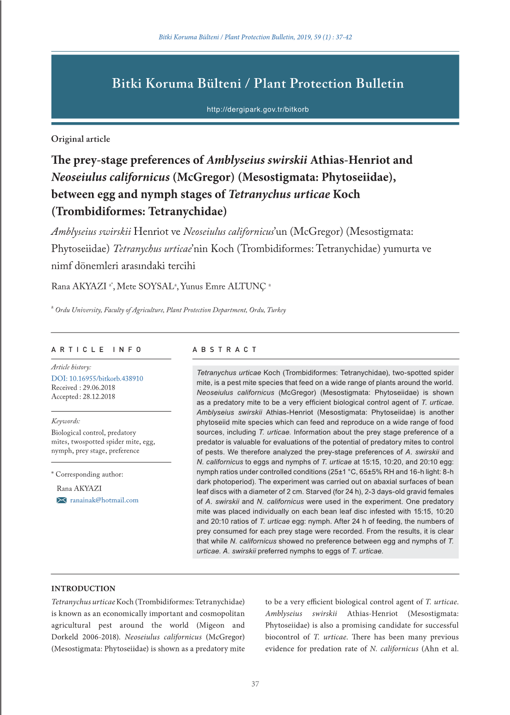 Bitki Koruma Bülteni / Plant Protection Bulletin, 2019, 59 (1) : 37-42