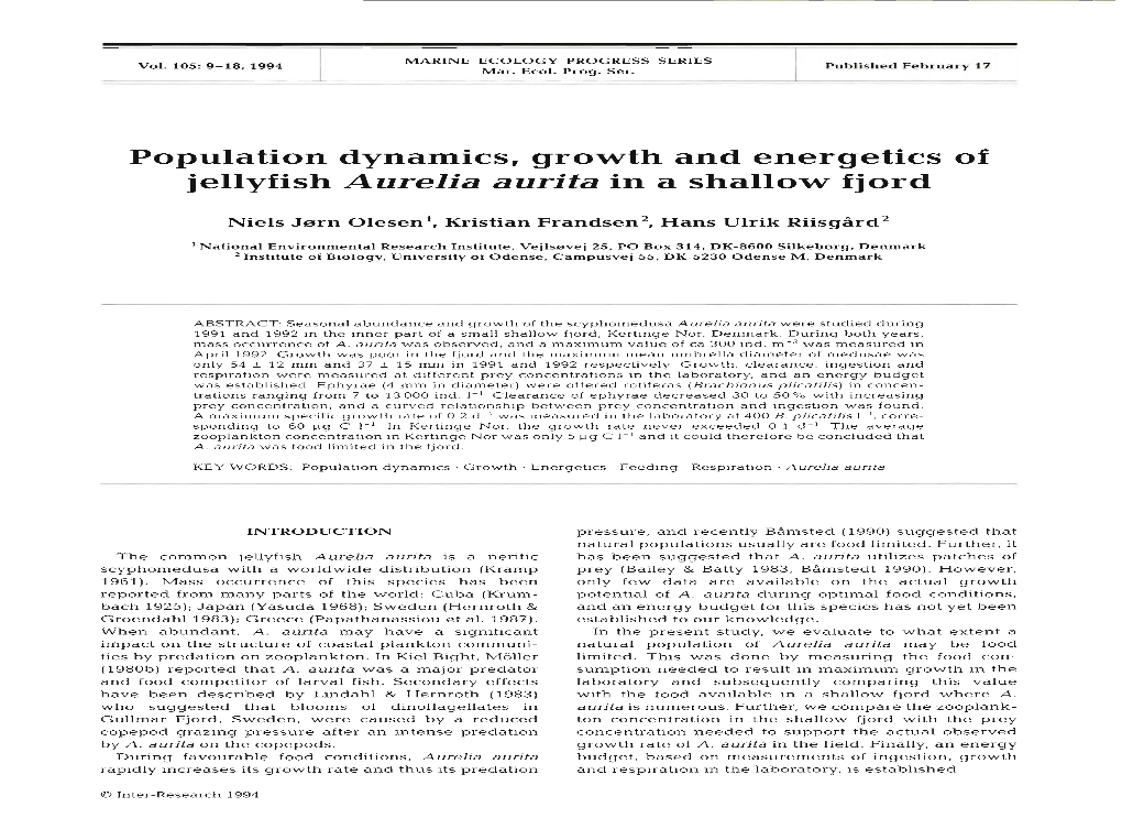 Population Dynamics, Growth and Energetics of Jellyfish Aurelia Aurita in a Shallow Fjord