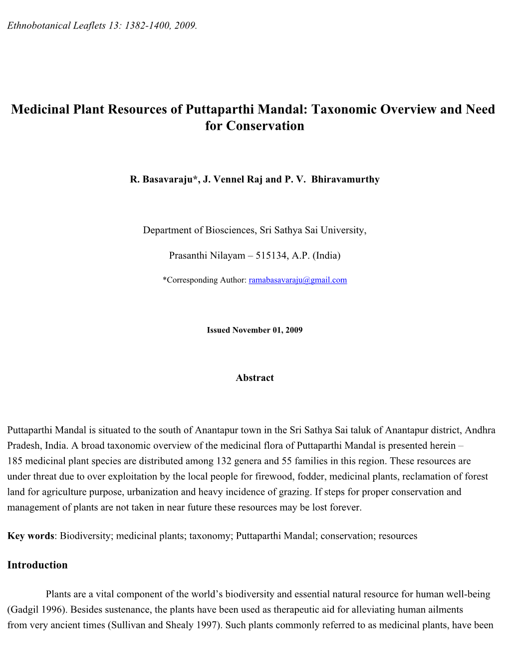 Medicinal Plant Resources of Puttaparthi Mandal: Taxonomic Overview and Need for Conservation