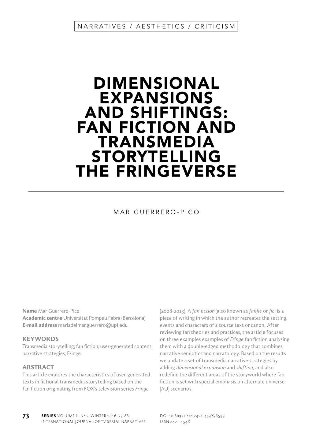 Fan Fiction and Transmedia Storytelling the Fringeverse