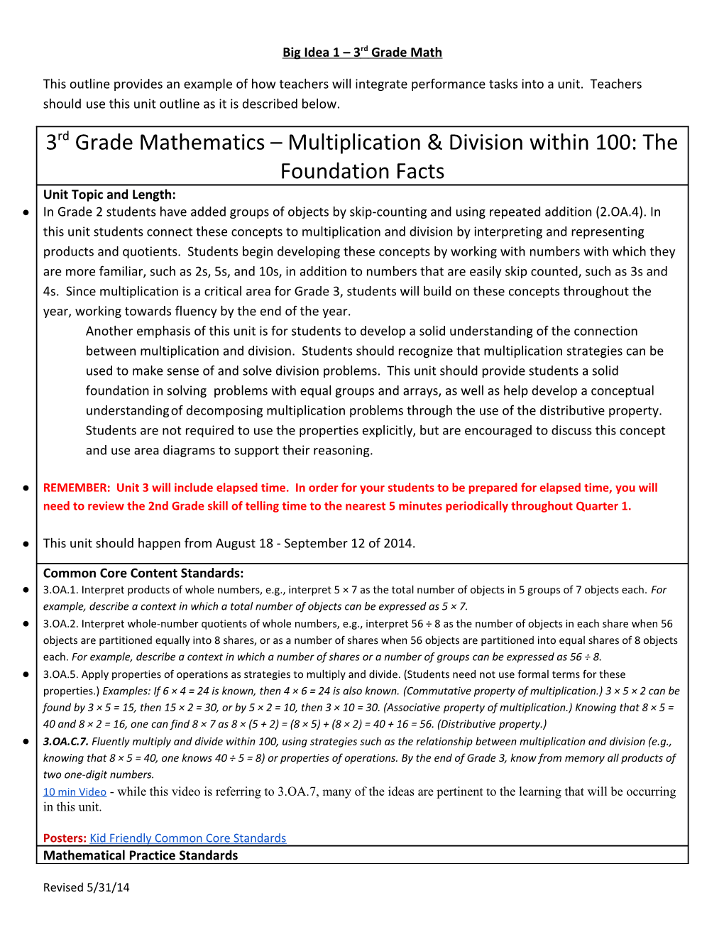 Grade 3 Unit 1 Multiplictation And Division Within 100 The Foundation Facts