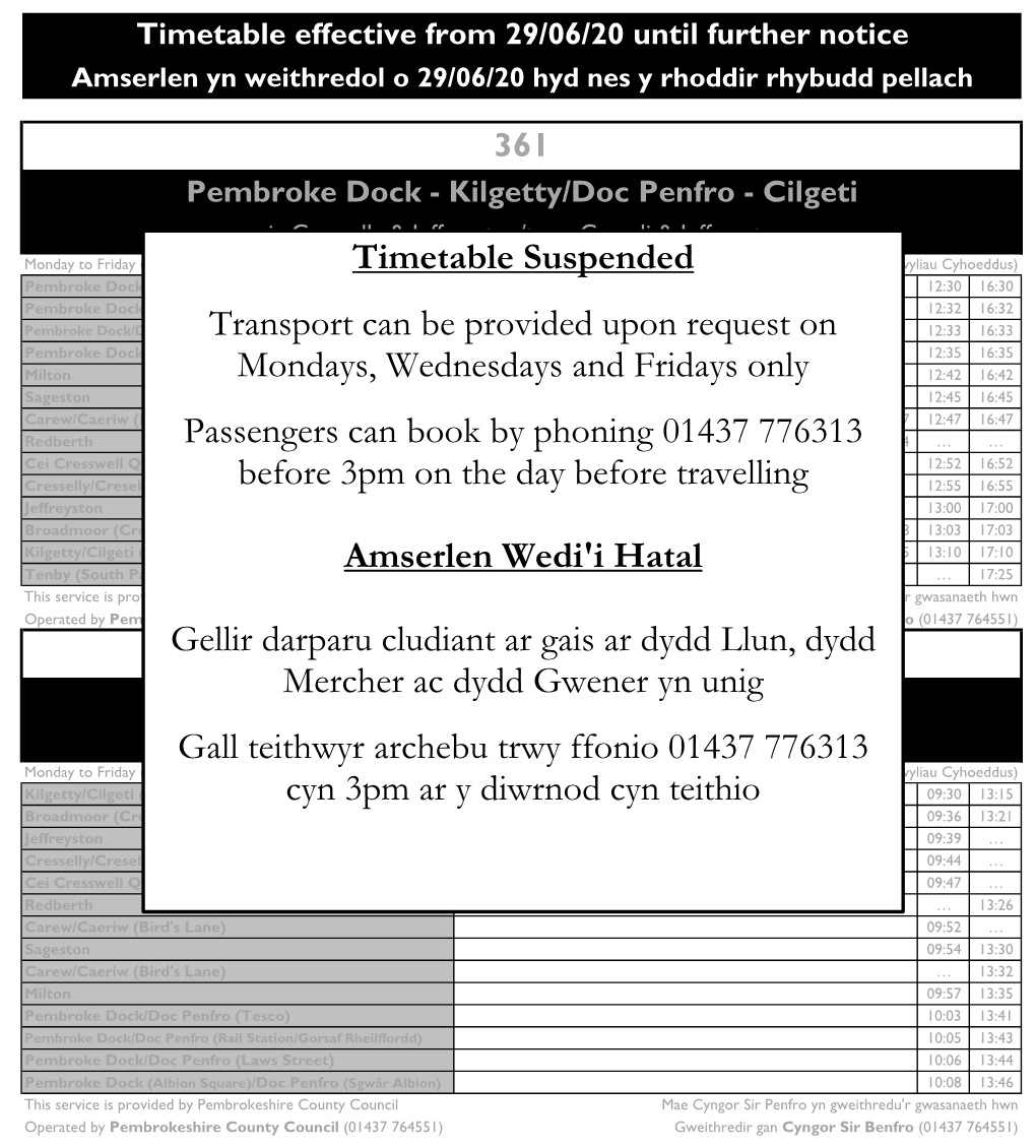 Timetable Suspended Transport Can Be Provided Upon Request On