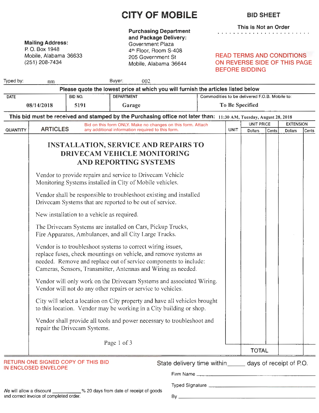 CITY of MOBILE BID SHEET This Is Not an Order Purchasing Department and Package Delivery: Mailing Address: Government Plaza P