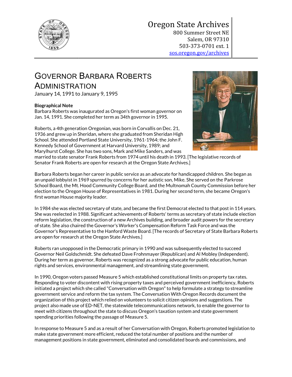 Governor Barbara Roberts Biographical Note