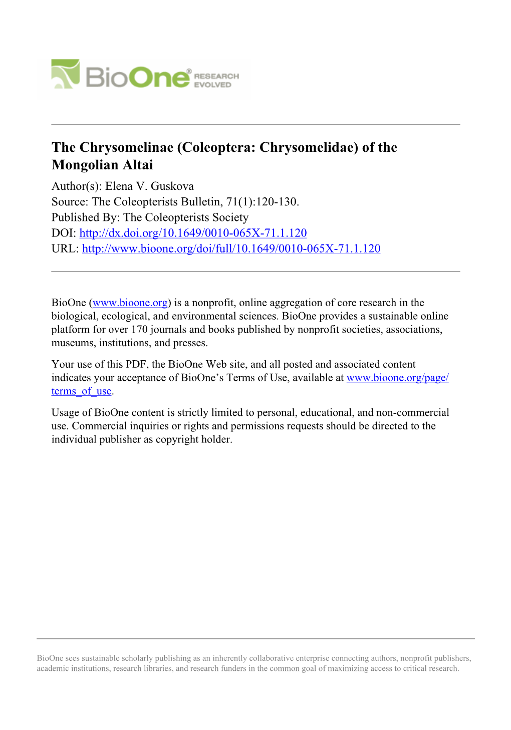 The Chrysomelinae (Coleoptera: Chrysomelidae) of the Mongolian Altai Author(S): Elena V