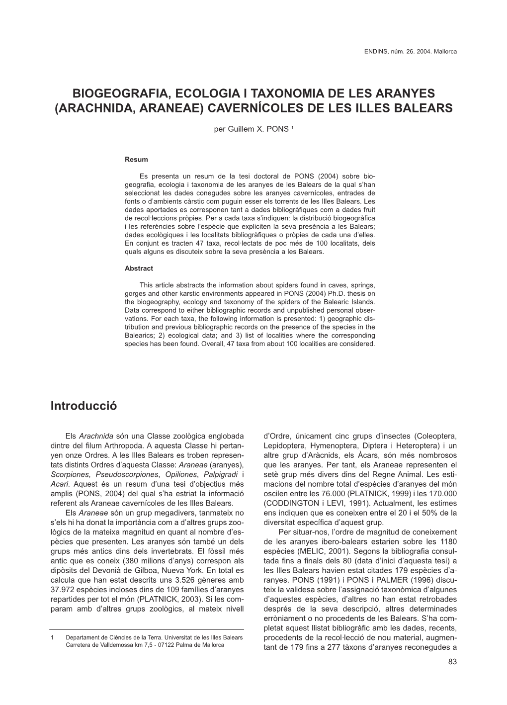 Biogeografia, Ecologia I Taxonomia De Les Aranyes (Arachnida, Araneae) Cavernêcoles De Les Illes Balears