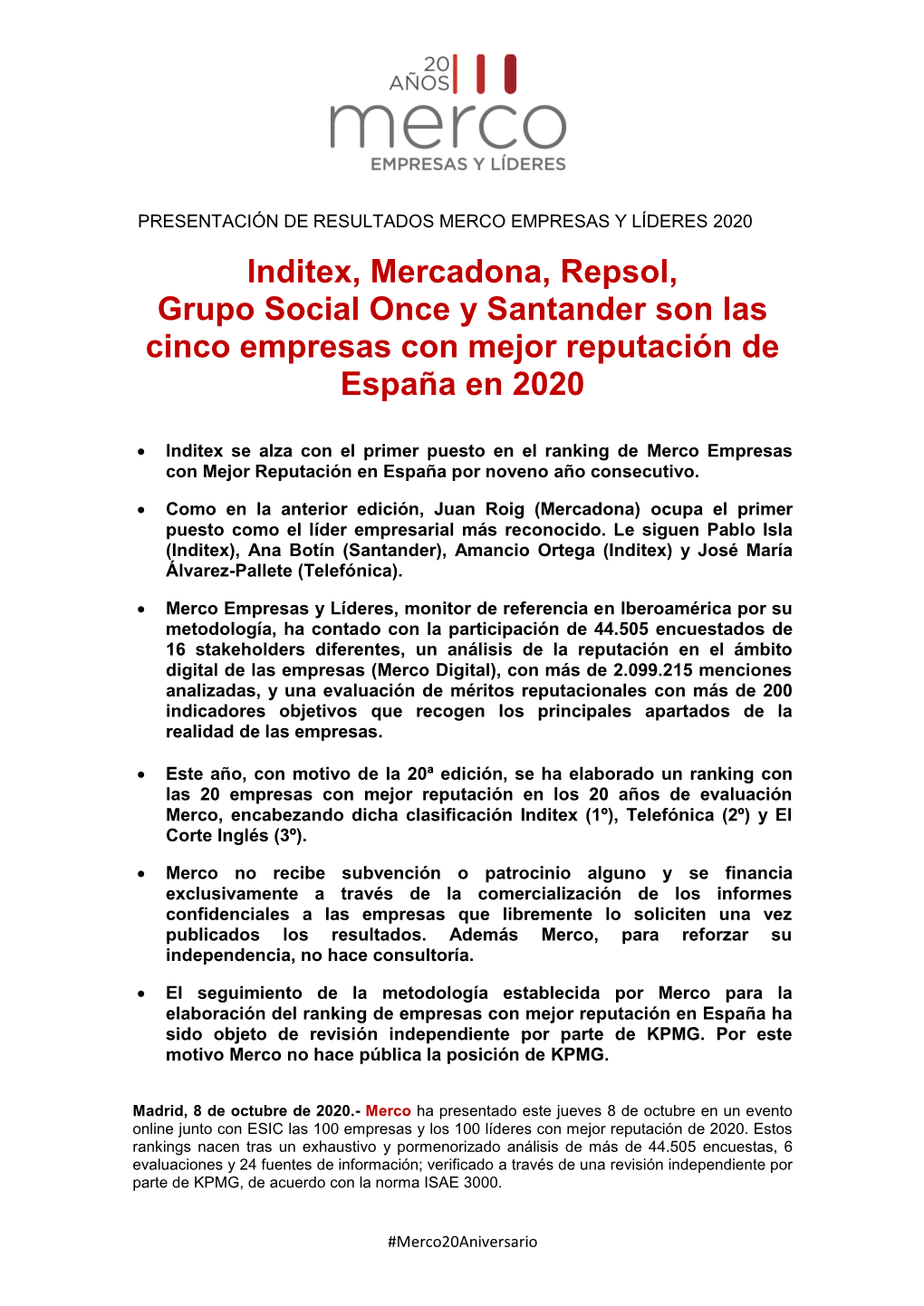 Inditex, Mercadona, Repsol, Grupo Social Once Y Santander Son Las Cinco Empresas Con Mejor Reputación De España En 2020