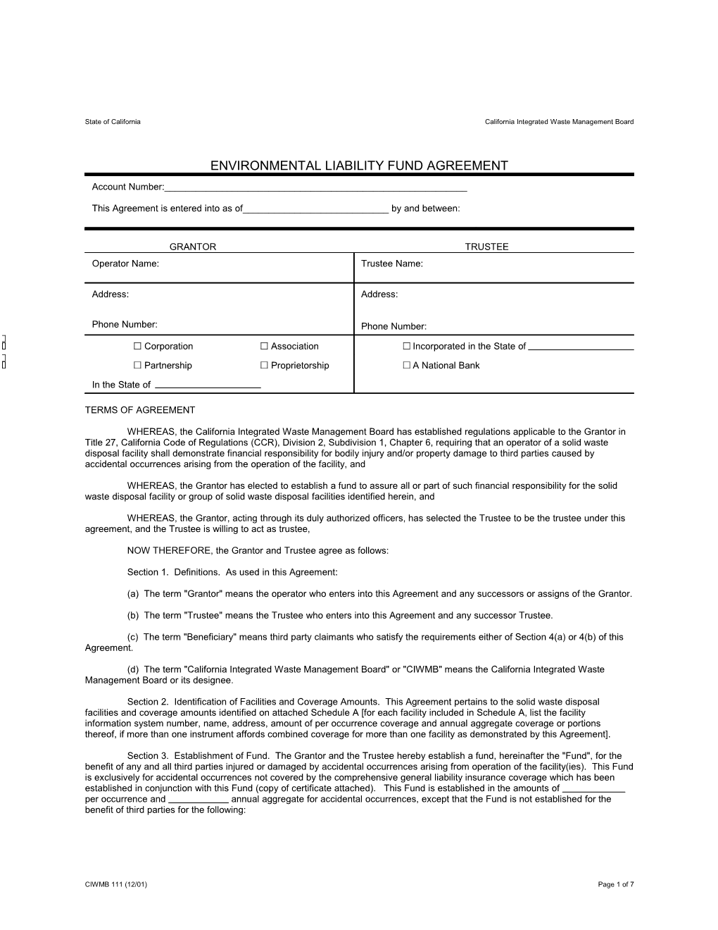 Environmental Liability Fund Agreement