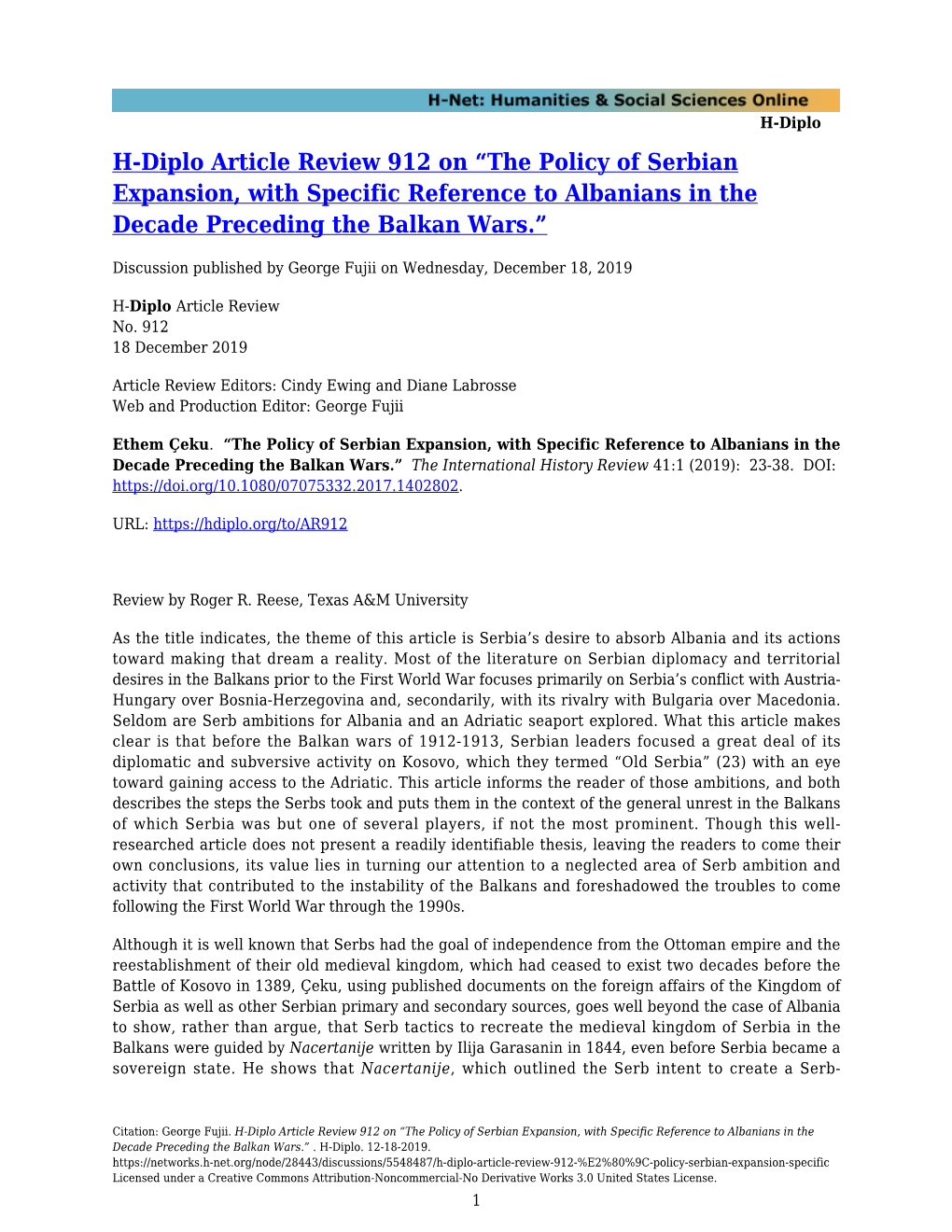 H-Diplo Article Review 912 on “The Policy of Serbian Expansion, with Specific Reference to Albanians in the Decade Preceding the Balkan Wars.”