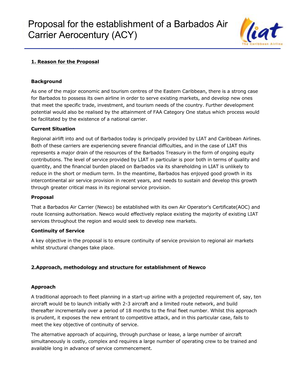 Proposal for the Establishment of a Barbados Air Carrier Aerocentury (ACY)