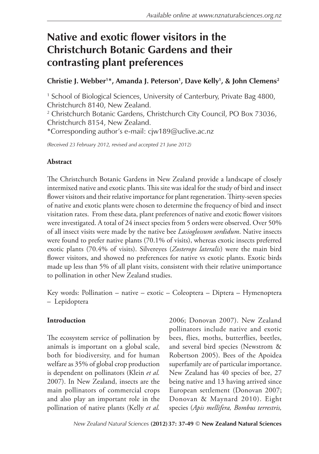 Native and Exotic Flower Visitors in the Christchurch Botanic Gardens and Their Contrasting Plant Preferences