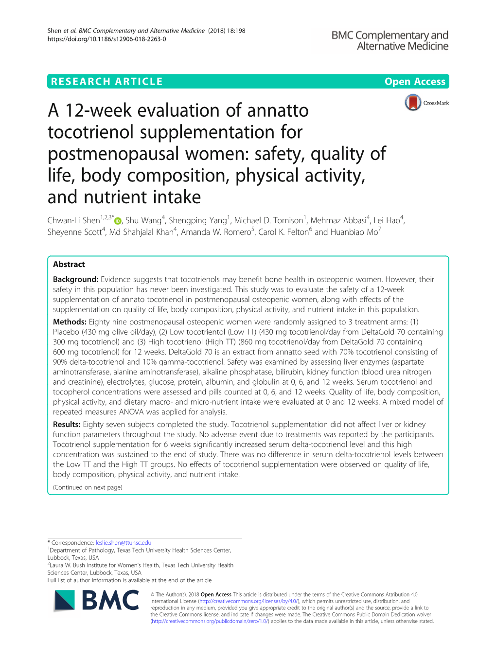 Safety, Quality of Life, Body Composition, Physical Activity, and Nutrient Intake Chwan-Li Shen1,2,3* , Shu Wang4, Shengping Yang1, Michael D